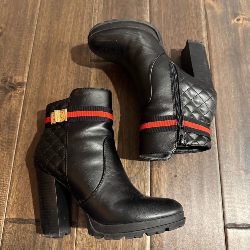 Faux Leather Black Chunky Quilted Platform Zip Up Chic Heeled Booties Boots 8M